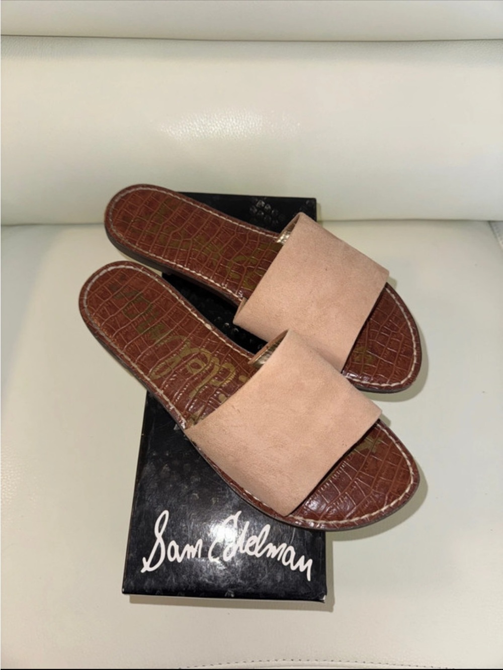 SAM EDELMAN BLUSH SUEDE SLIDE MULES